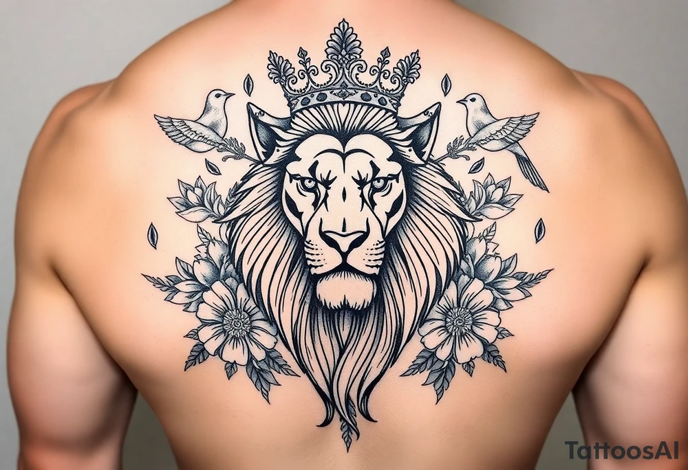 powerful majestic lion with a crown, surrounded by floral ornaments and birds tattoo idea