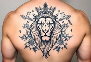 powerful majestic lion with a crown, surrounded by floral ornaments and birds tattoo idea