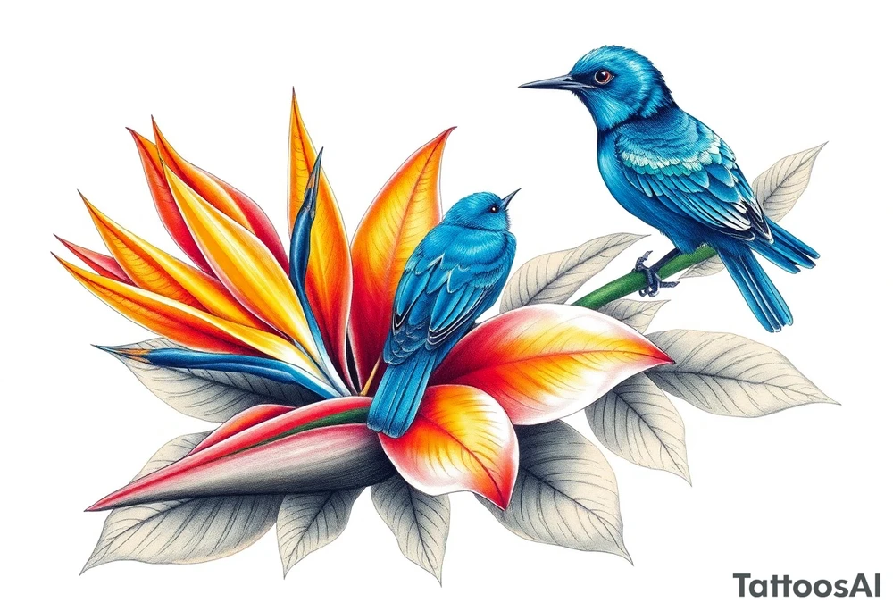 Bird of paradise flower with blue bird tattoo idea