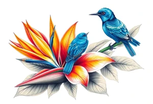 Bird of paradise flower with blue bird tattoo idea