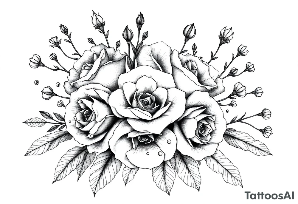 vintage bouquet of wild roses and meadow flowers with morning dew tattoo idea
