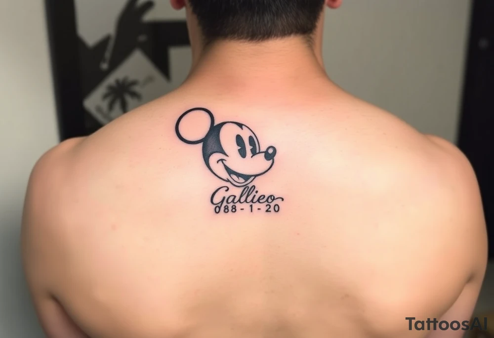 mickey mouse symbol with the name Galileo and the date 08/14/20 incorporated tattoo idea