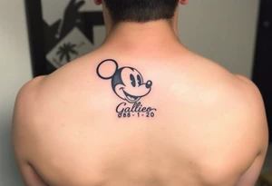 mickey mouse symbol with the name Galileo and the date 08/14/20 incorporated tattoo idea