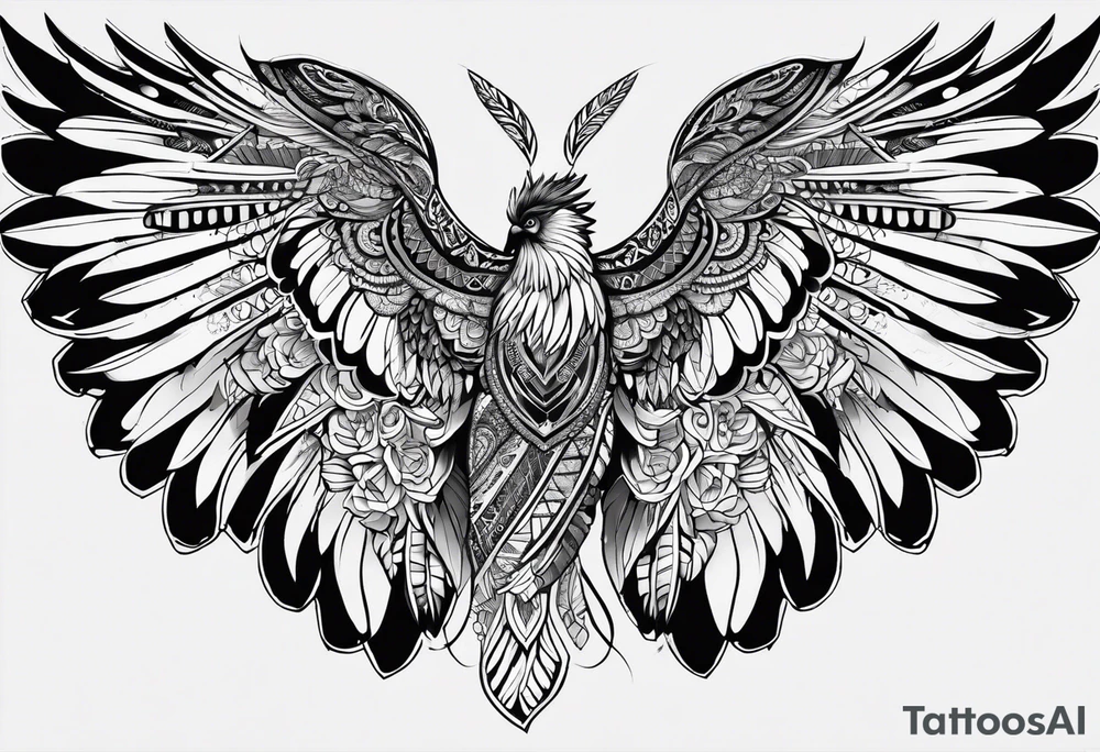 a full wing with filigree and african tribal patterns woven through for a sleeve tattoo idea