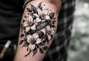 1 black band with roman numerals circuling near elbow and 1 black band lower forearm, both with roman numerals in them. between the black bands fill the space with narcissus flowers and holly tattoo idea