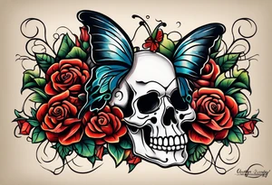 sailor jerry with skulls roses and butterflies tattoo idea