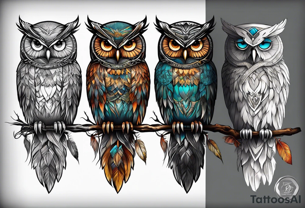 Owl and dreamcatcher back of calf sleeve tattoo idea