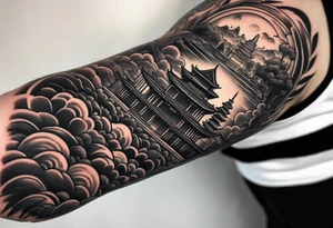 A forearm tattoo with the background as a world map with a small buddhist shrine at the bottom. tattoo idea