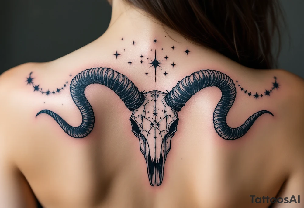 Bold black Capricorn stars constellation arch over a dark navy goat skull, blending astrology and mythology. tattoo idea