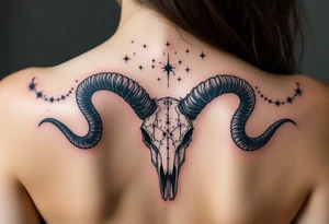 Bold black Capricorn stars constellation arch over a dark navy goat skull, blending astrology and mythology. tattoo idea