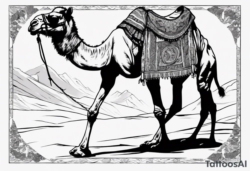 Feature a man walking alongside his camel, both resilient against the harsh environment, the man covering his face with a long cloth for protection. tattoo idea