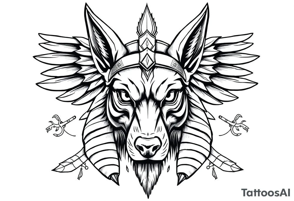 Egyptian Anubis god face muscle in Egypt style  with mantle on head with white eyes 

dog face surrounded Egyptian symbols based on elements tattoo idea