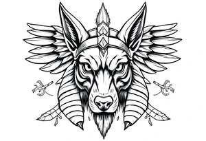 Egyptian Anubis god face muscle in Egypt style  with mantle on head with white eyes 

dog face surrounded Egyptian symbols based on elements tattoo idea