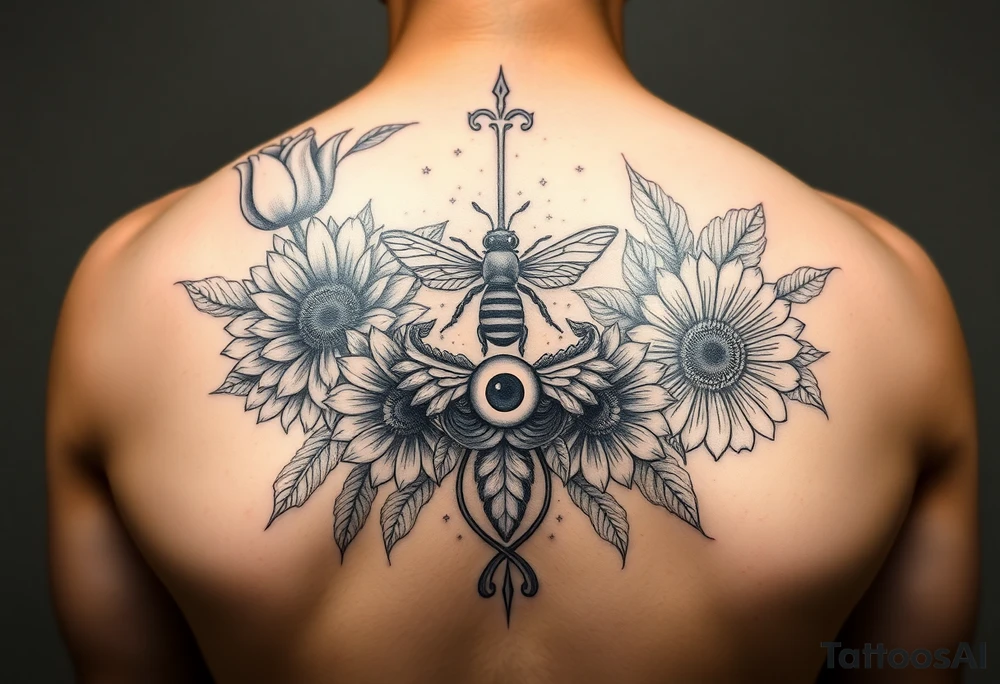 Create a design full sleeve arm tattoo with Tulip 
Sunflower 
Roses 
Bee 
Water 
Fire 
Earth 
Wind 
Phoenix 
Evil eye 
888 tattoo idea