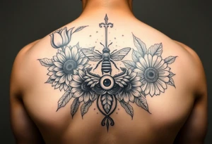 Create a design full sleeve arm tattoo with Tulip 
Sunflower 
Roses 
Bee 
Water 
Fire 
Earth 
Wind 
Phoenix 
Evil eye 
888 tattoo idea