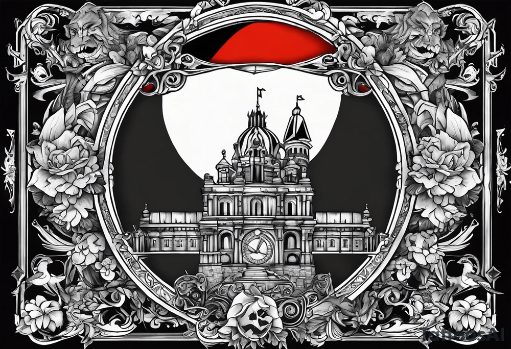 the phrase "why not now?" encased in the flag of Germany and north Carolina surrounded by characters from Zelda, Final Fantasy 8 tattoo idea
