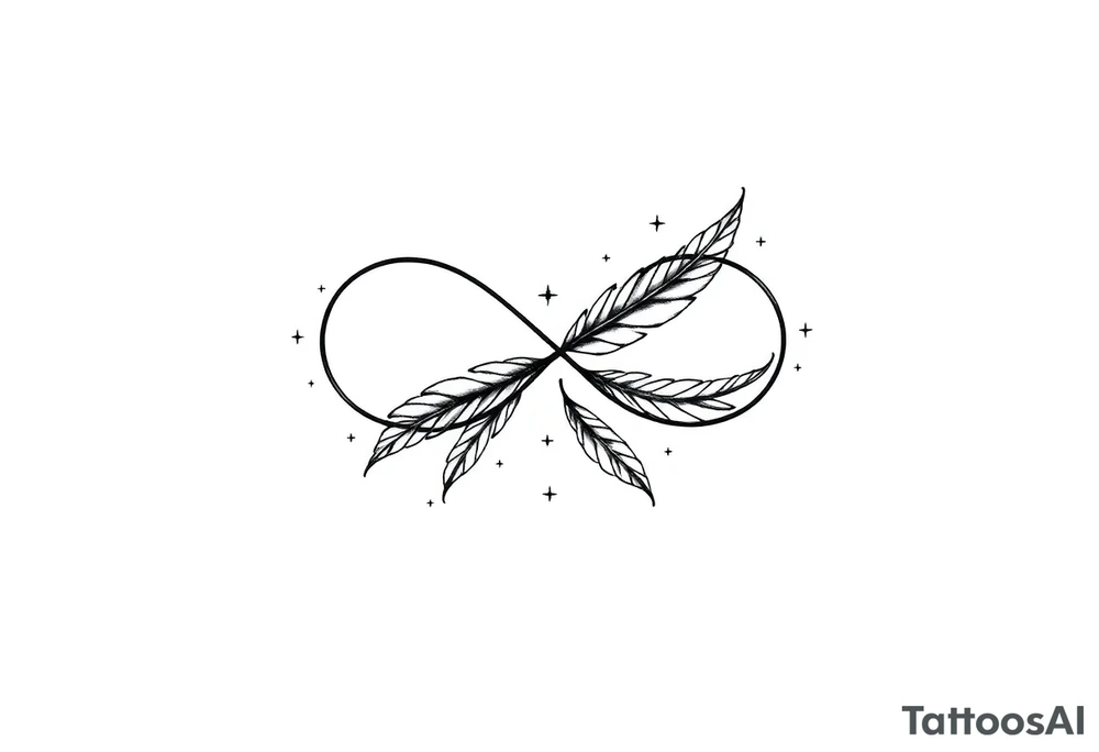 infinity symbol woven with floating feathers and stardust tattoo idea
