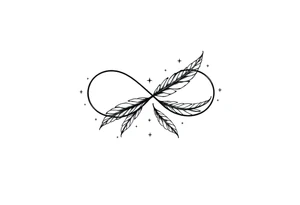 infinity symbol woven with floating feathers and stardust tattoo idea