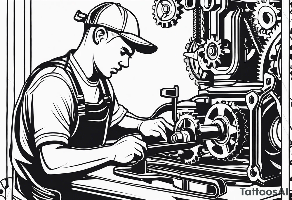 Create a BLACK and white drawing of a mechanic working on a machine, surrounded by mechanical elements like gears and tools. Clear lines and no shadows tattoo idea