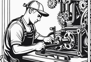 Create a BLACK and white drawing of a mechanic working on a machine, surrounded by mechanical elements like gears and tools. Clear lines and no shadows tattoo idea