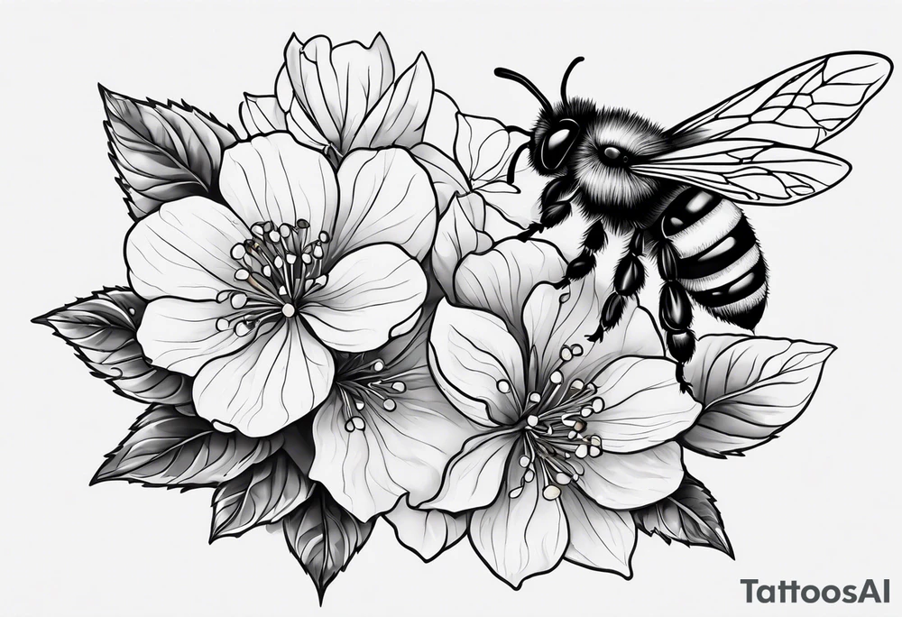 Small tattoo. There’s a hydrangea and a bee but they are not touching. Make the bee smaller than the hydrangea and have the bee off to the side. tattoo idea