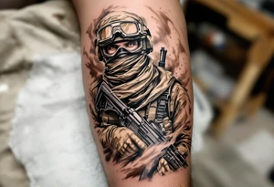 Desert Soldier in Sandstorm – A soldier in tan desert camo, with a sandstorm swirling around, his face partially covered with a scarf and goggles, gripping a rifle. tattoo idea