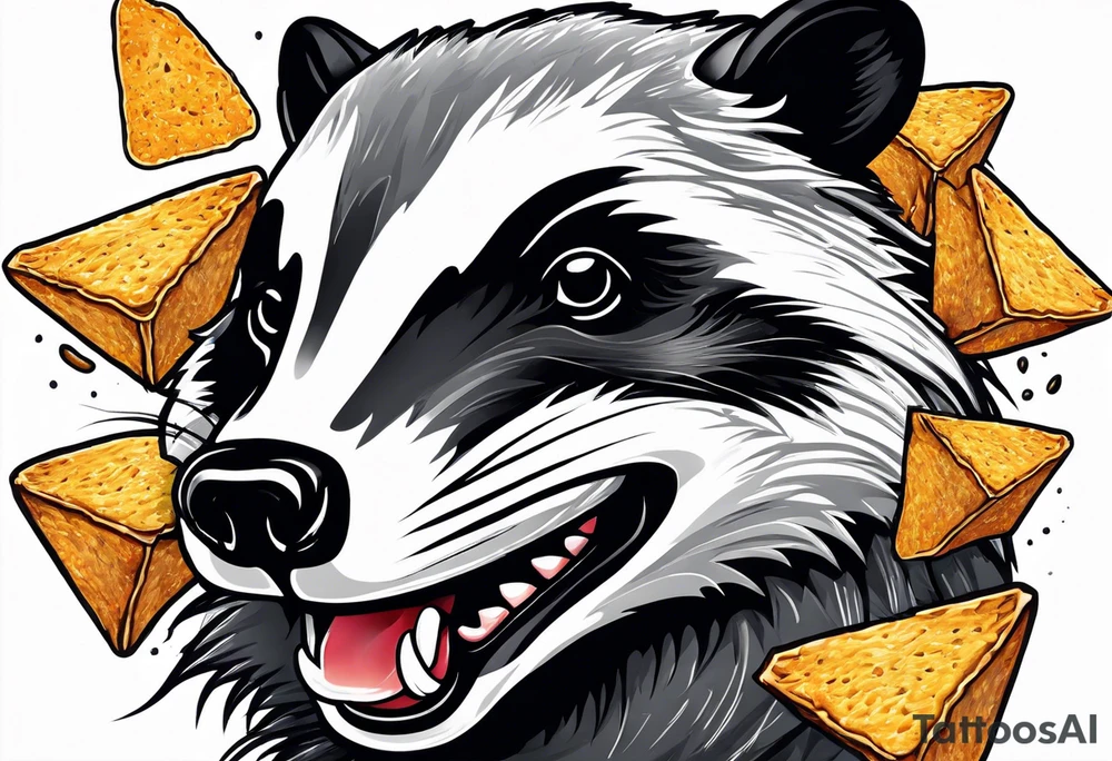 Angry badger with mouth open holding Doritos tattoo idea