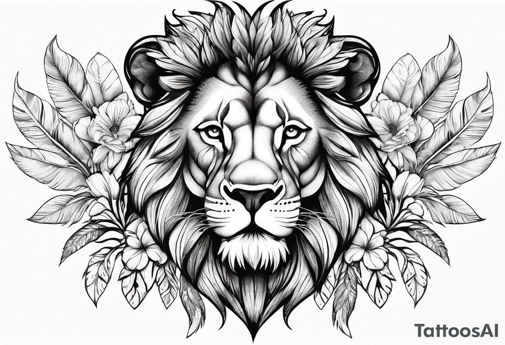 Powerful lion with feathers floral tattoo idea