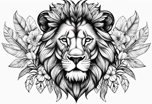Powerful lion with feathers floral tattoo idea