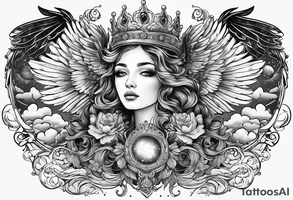 Neck tattoo angels and clouds and crowns and space tattoo idea