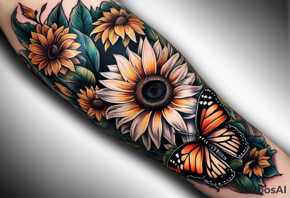 Sunflower and butterfly leg sleeve tattoo idea