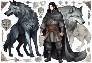 a gaunt medieval man with black hair, white eyes, and a black cloak standing beside a massive grey wolf tattoo idea