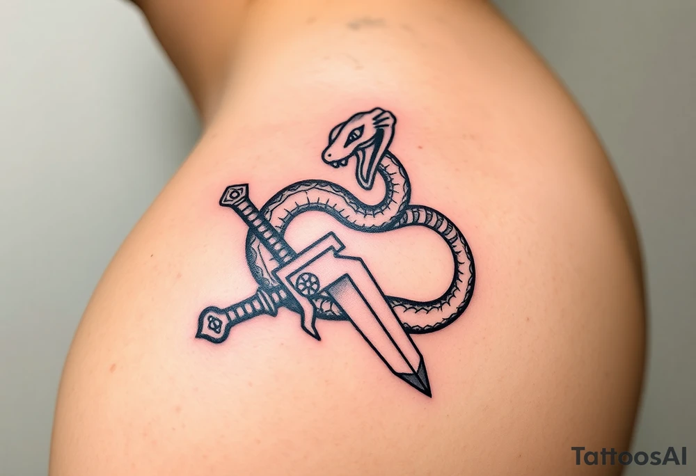 mystical snake coiled around an ancient dagger with jeweled hilt tattoo idea