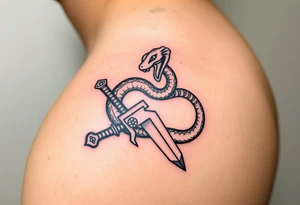 mystical snake coiled around an ancient dagger with jeweled hilt tattoo idea