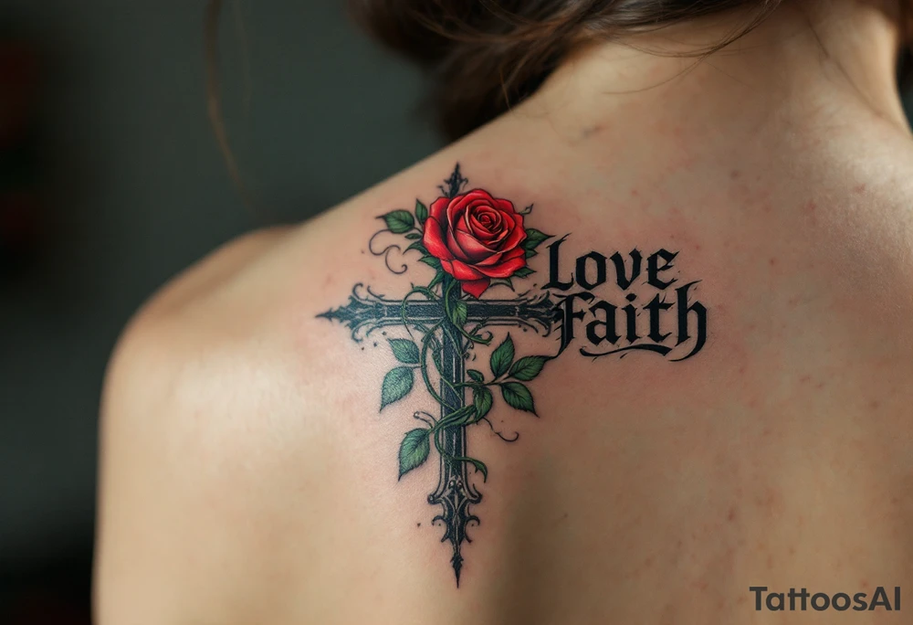 Bold black gothic font with a cross behind it in shadowy gray and a rose winding around the letters in red and green love faith hope. tattoo idea