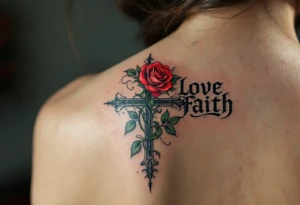 Bold black gothic font with a cross behind it in shadowy gray and a rose winding around the letters in red and green love faith hope. tattoo idea