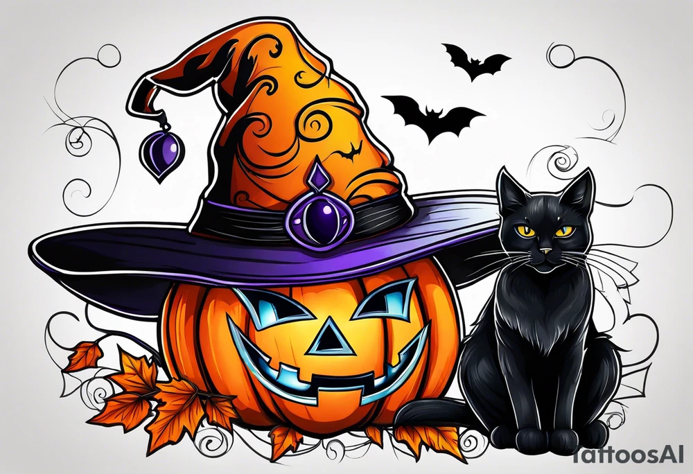 Halloween
Black cat
Witch hat
Pumpkin tattoo idea