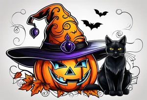 Halloween
Black cat
Witch hat
Pumpkin tattoo idea