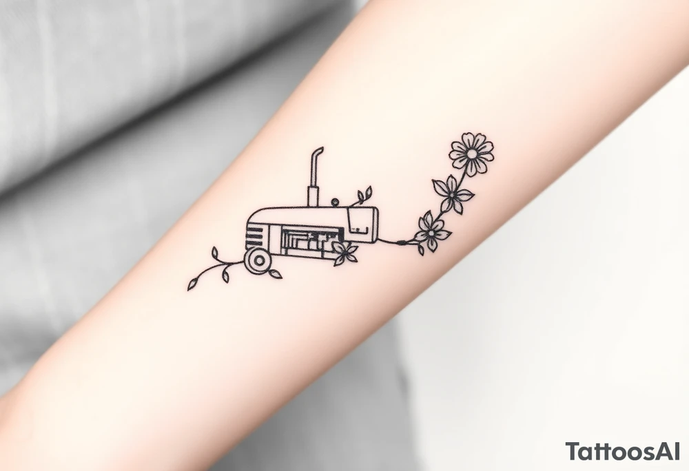 A feminine tractor with flowers tattoo idea