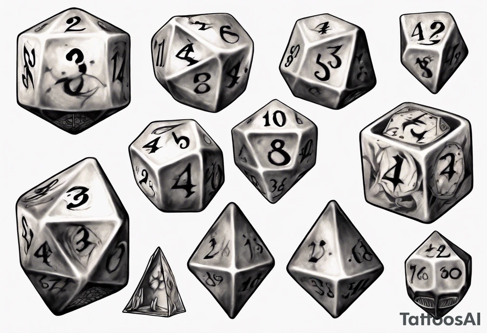 A 20 sided Dice with numbers and wolverine claw marks framing the underneath of the dice and a werewolf in the background tattoo idea