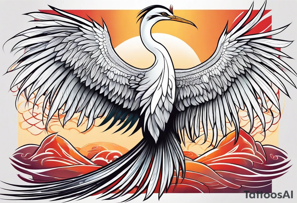phoenix 
egret
long tail 
elegant 
wings down
long neck tattoo idea