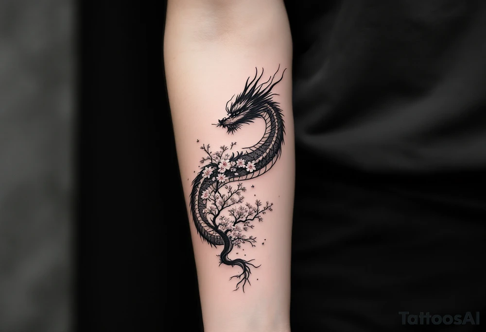 dragon japanese style sakura trees tattoo idea