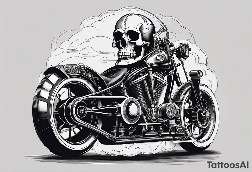 Powerful skull powered by an engine featuring an "steampunk desing" in the image appears a psiton and a turbo, also the dseign must be vertical. Also, the desing must be minimalistic not saturated. Remember the vertical design as this will go in my calf tattoo idea