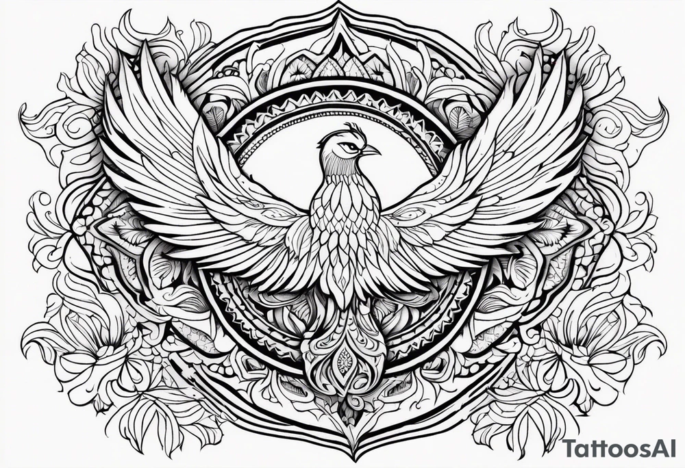 Tribal bohemian feminine impowering Phoenix rising with smoke, mandala sun, floral, lace background tattoo idea