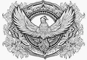 Tribal bohemian feminine impowering Phoenix rising with smoke, mandala sun, floral, lace background tattoo idea