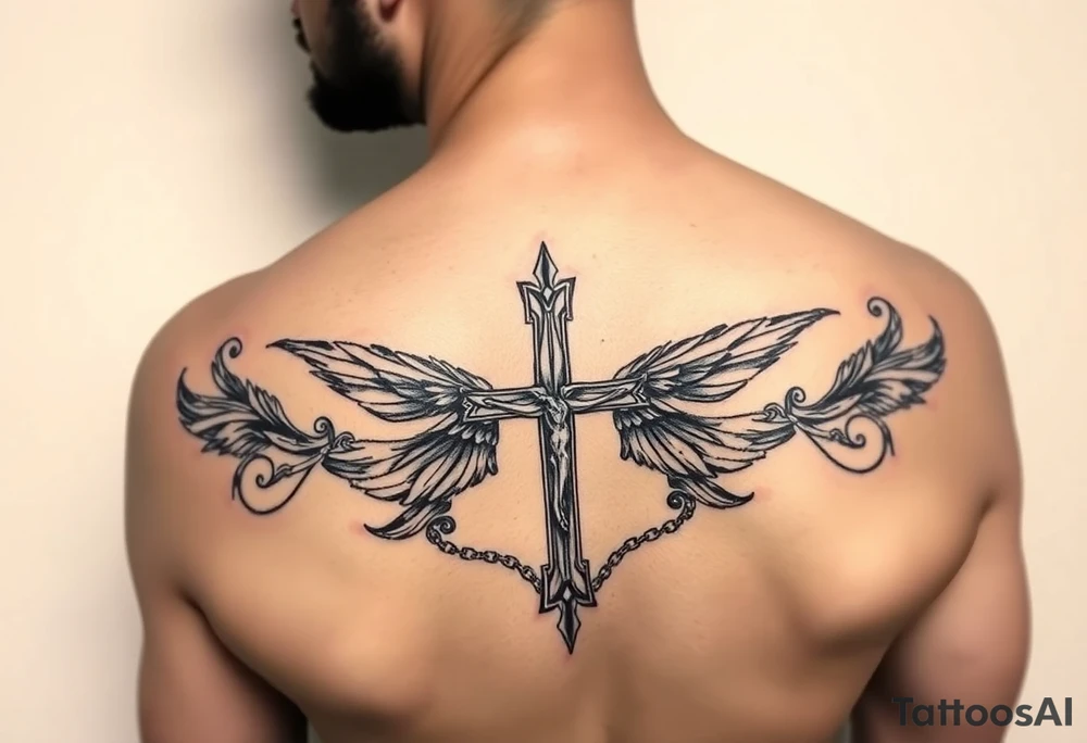 Um anjo segurando uma cruz e um colar crucifixo realismo preto e cinza tattoo idea