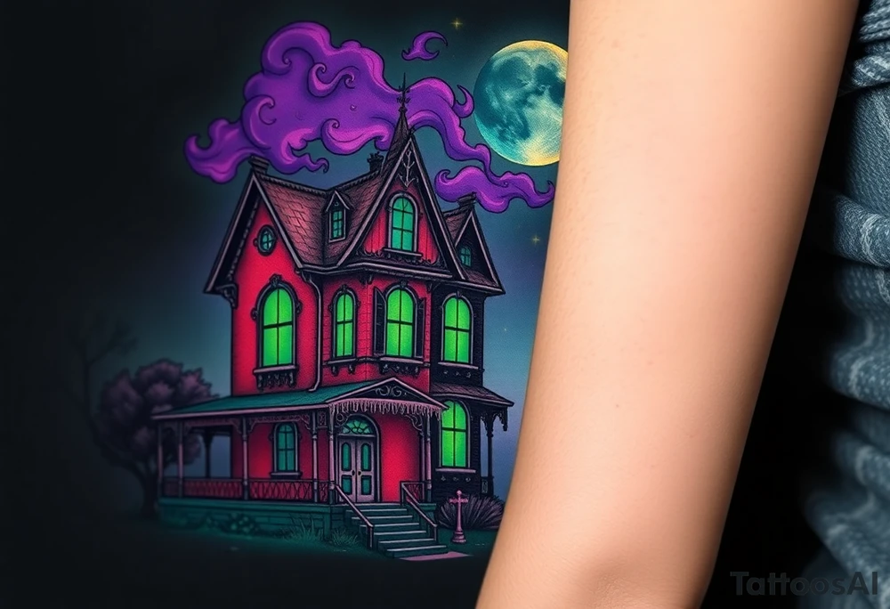 Tim Burton’s haunted victorian home is abandoned and dripping with muted reds, dusty pinks, and eerie green glow.purple and cyan smokey clouds swirl in the crescent moonlit sky thats sprinkled with stars tattoo idea tattoo idea