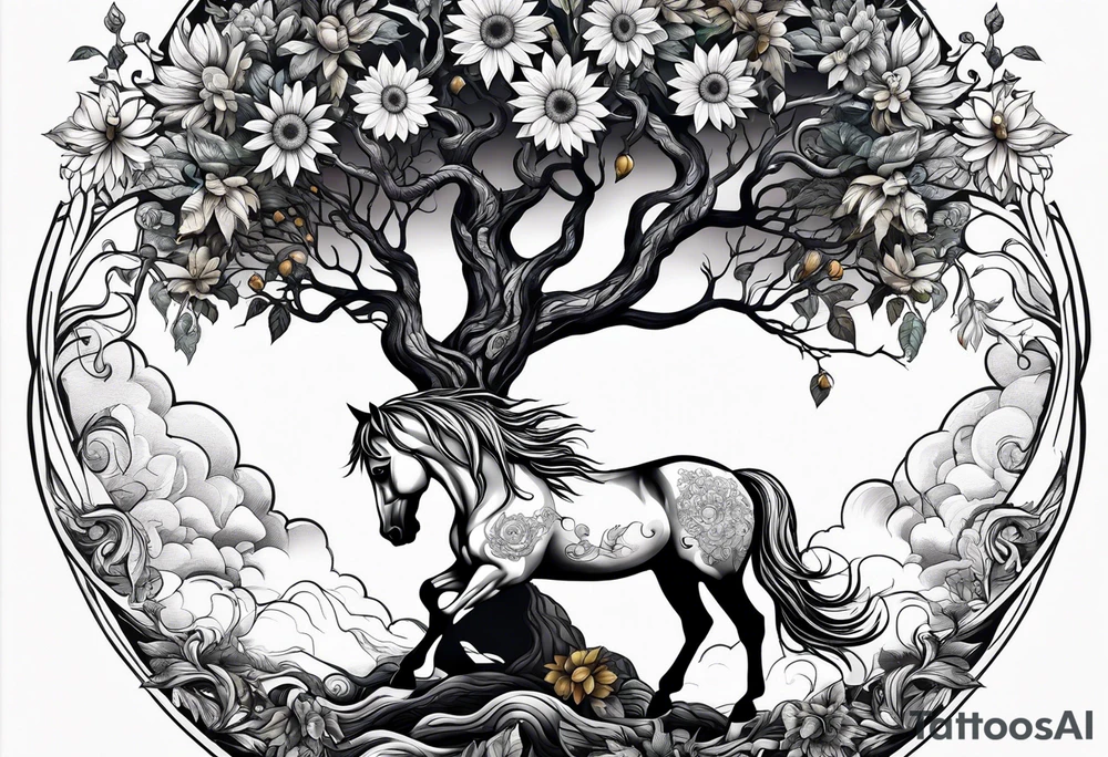 Yggdrasil tree, horse, sunflower tattoo idea