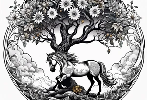 Yggdrasil tree, horse, sunflower tattoo idea