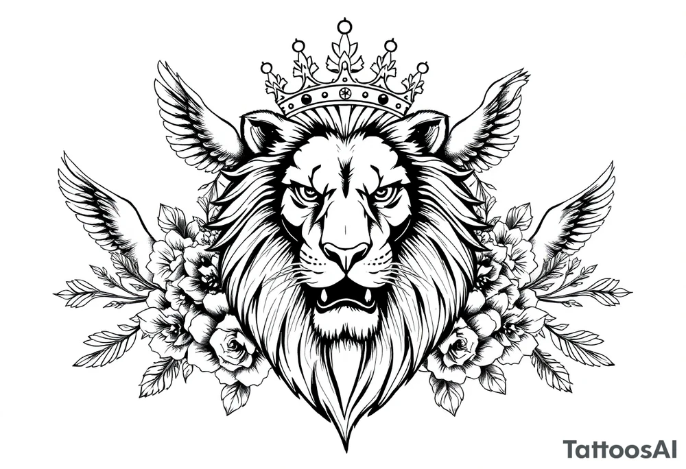 powerful majestic lion with a crown, surrounded by floral ornaments and birds tattoo idea